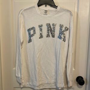 Pink Victoria’s Secret silver logo sequin long sleeve T-shirt size XS